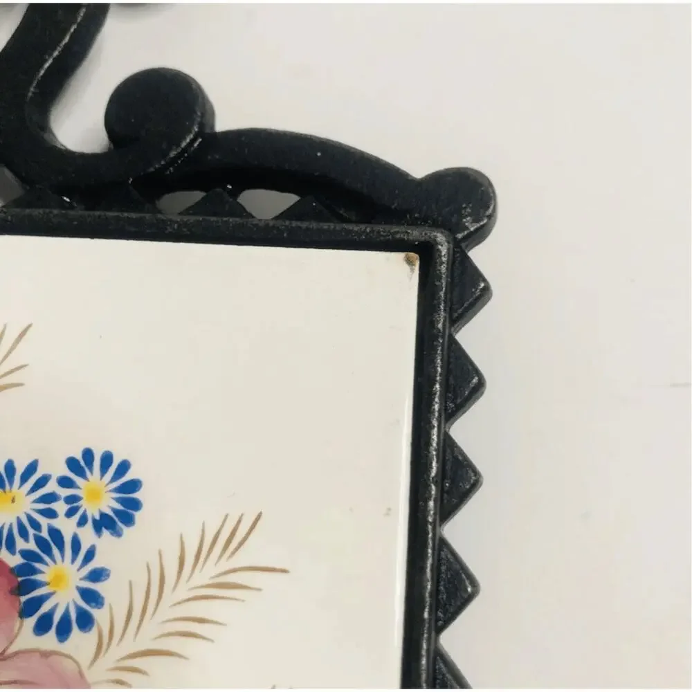 Vintage Cast Iron Floral Ceramic Tile Trivet Hand Painted Pink Blue Flowers 9.5